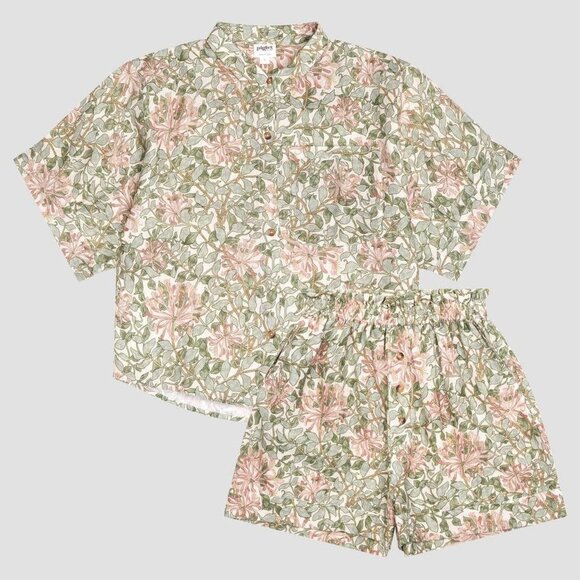 NWT Piglet In Bed x Morris & Co. Soft Sage Honeysuckle Linen Pajama Shorts Set - Picture 1 of 2